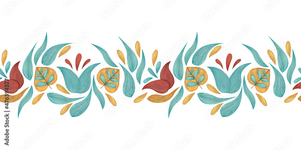 Hand-painted seamless border in Russion north folk style. Isolated illustration. - obrazy, fototapety, plakaty 