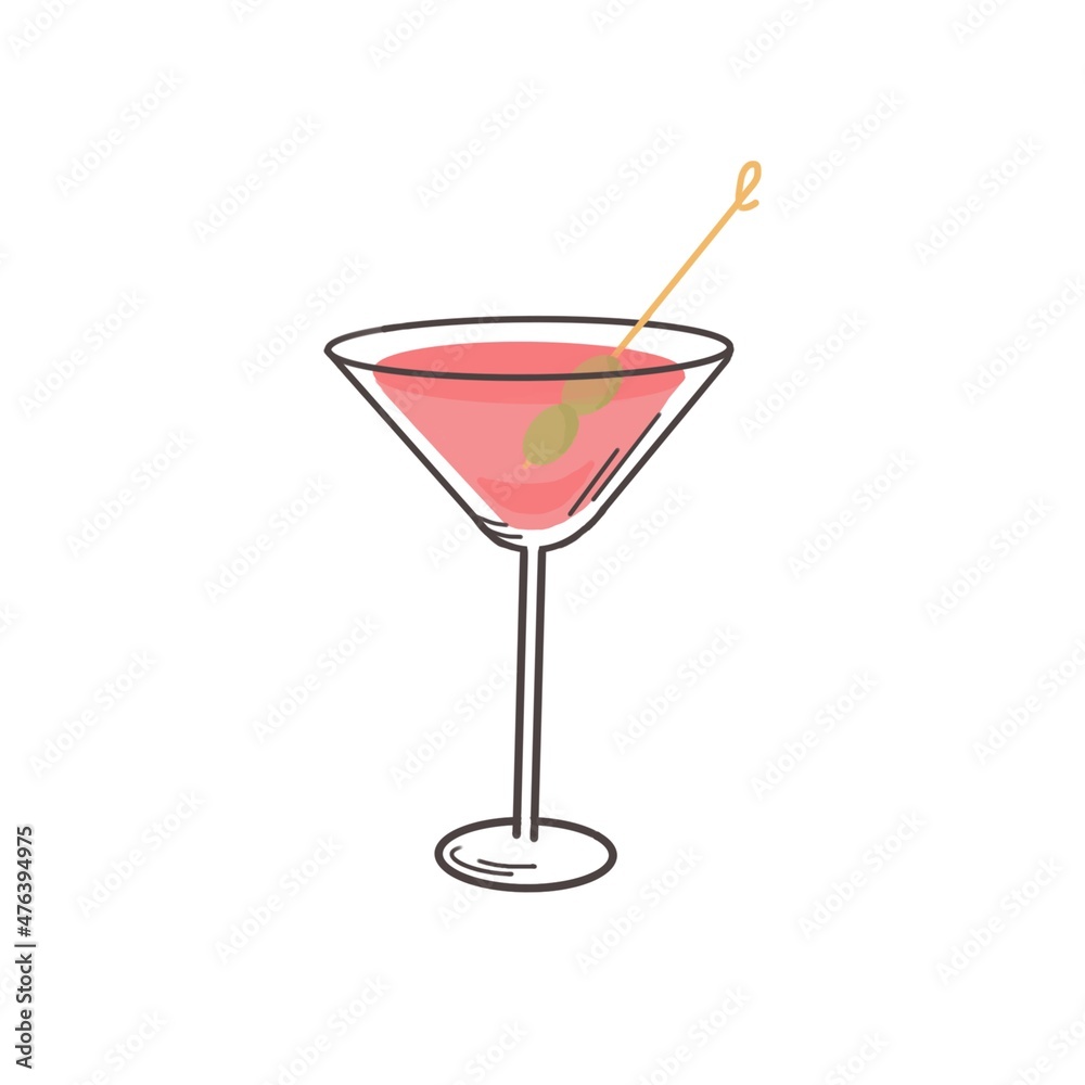 Cosmopolitan cocktail in glass with olive. Hand drawn illustration Cosmopolitan cocktail in glass with olive. Hand drawn illustration