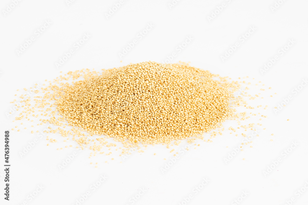 Pile of Raw Amaranth Grain front view on a white table Pile of Raw Amaranth Grain front view on a white table