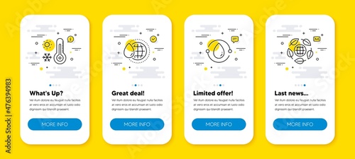 Vector set of Weather thermometer, World water and Cold-pressed oil line icons set. UI phone app screens with line icons. Eco organic icon. Temperature, Aqua drop, Organic tested. Vector