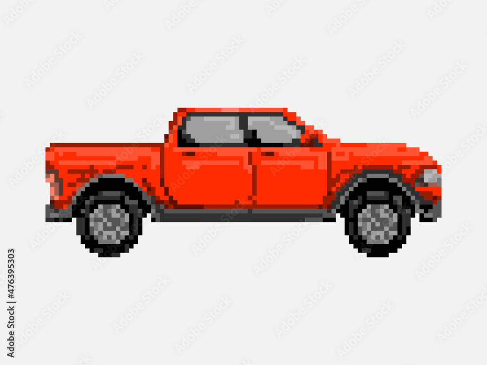 Illustration of red pick up car in pixel art style