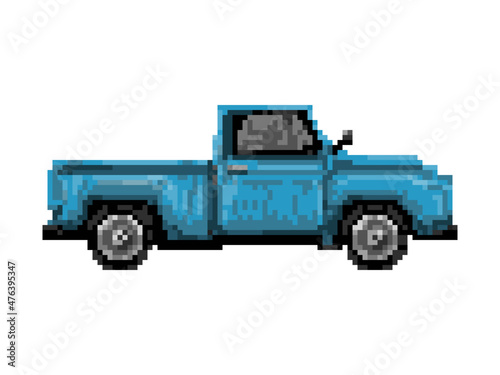 Illustration of retro blue pick up car in pixel art style
