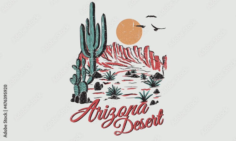 Arizona desert state graphic print artwork for apparel, t shirt, sticker, poster, wallpaper and others. - obrazy, fototapety, plakaty 