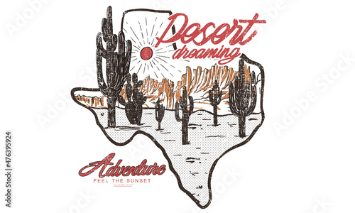 Desert dreaming graphic print artwork for apparel, t shirt, sticker, poster, wallpaper and others. Adventure at the desert vintage print design.
