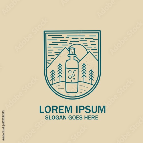 Nature bottle logo illustration design, nature drink bottle. mountains and pine trees.