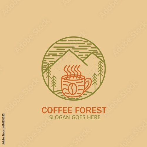 logo coffee mountain, frying pan, nature, assorted coffee. Vintage Leaves with Coffee Beans for Cafe or Agricultural Product Label Logo Design.
