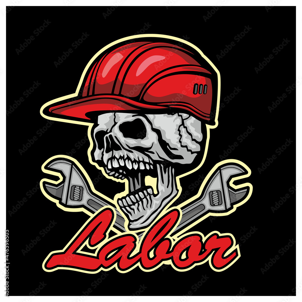 skull in construction safety helmets and tools, grunge vintage design t shirts