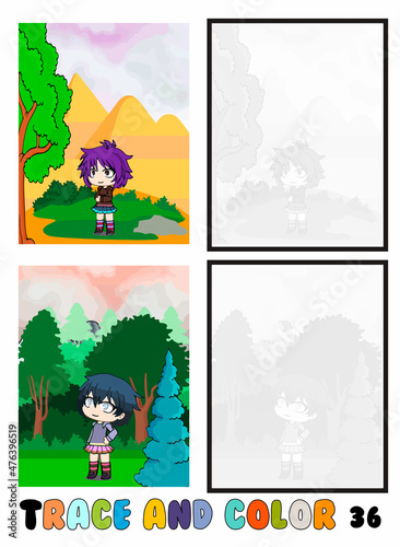 set of cartoon coloring pages ,Trace and color, sea ,park, city Collection of 2 illustrations. Coloring book. vector Illustration for children