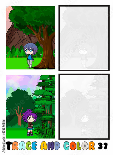 set of cartoon coloring pages ,Trace and color, sea ,park, city Collection of 2 illustrations. Coloring book. vector Illustration for children