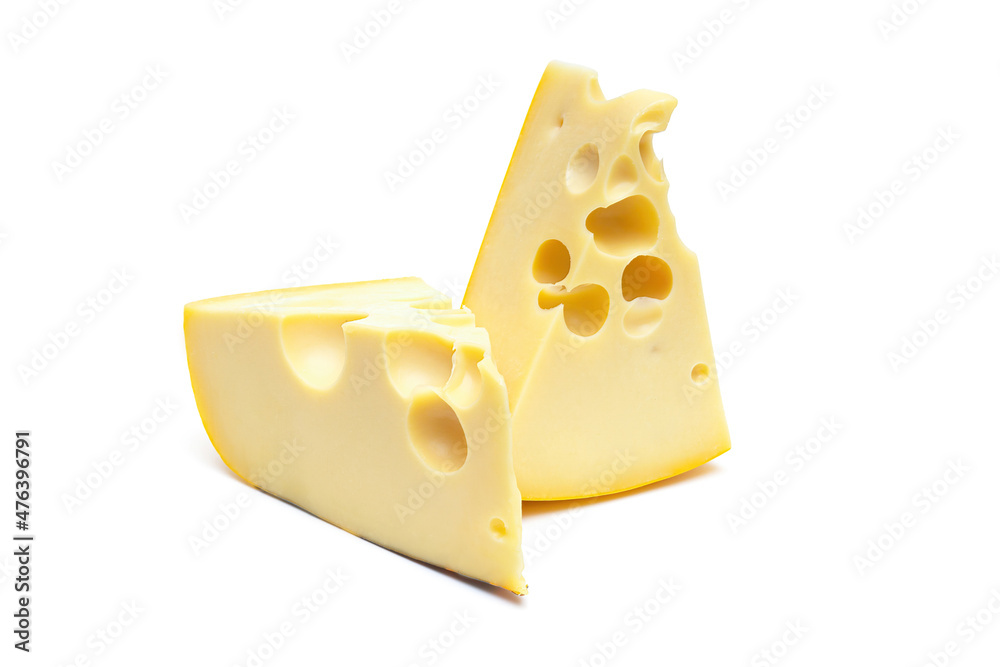 Two wedges of yellow cheese cheese with big holes