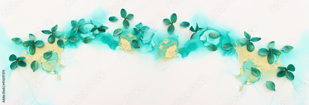 Creative image of emerald and green Hydrangea flowers on artistic ink background. Top view with copy space Creative image of emerald and green Hydrangea flowers on artistic ink background. Top view with copy space