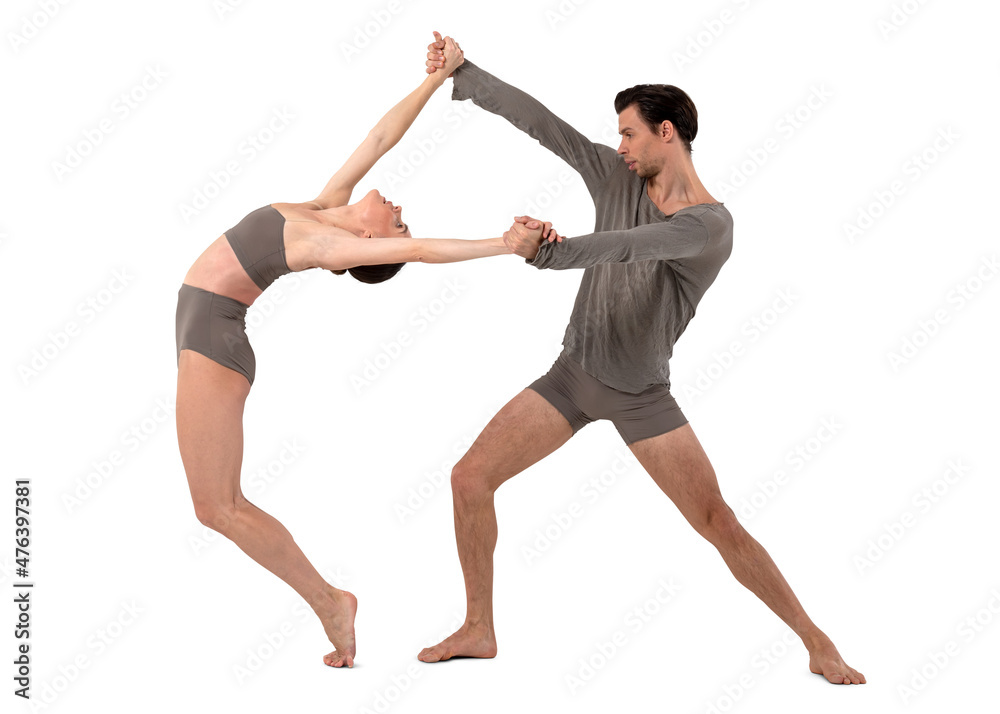 Two dancers performing modern ballet isolated on white background Two dancers performing modern ballet isolated on white background