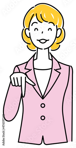 笑顔で下の方向を指で指しているスーツ姿の可愛いい女性 ビジネスパーソン イラスト ベクター