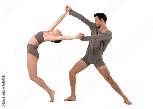 Two dancers performing modern ballet isolated on white background