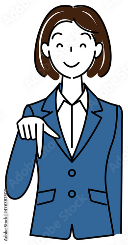 笑顔で下の方向を指で指しているスーツ姿の可愛いい女性 ビジネスパーソン イラスト ベクター
