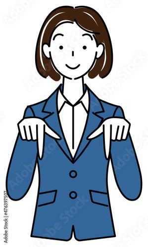 笑顔で下の方向を指で指しているスーツ姿の可愛いい女性 ビジネスパーソン イラスト ベクター
