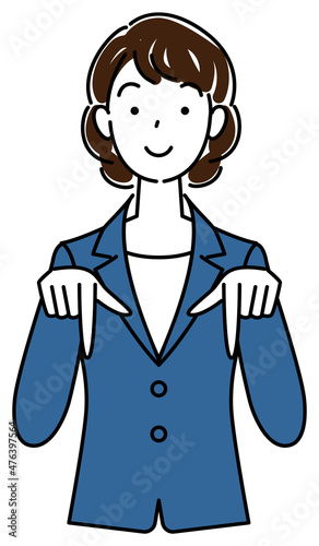 笑顔で下の方向を指で指しているスーツ姿の可愛いい女性 ビジネスパーソン イラスト ベクター