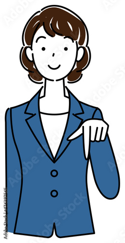 笑顔で下の方向を指で指しているスーツ姿の可愛いい女性 ビジネスパーソン イラスト ベクター