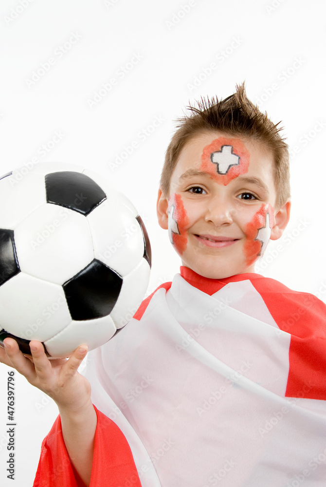 Junge, 7 Jahre, als schweizer Fußballfan Stock Photo | Adobe Stock