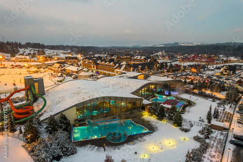 Bania Thermal Bath and Ski Resort Drone View at Winter. Polish Winter Capital
