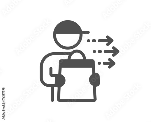 Food delivery icon. Courier with order sign. Catering service symbol. Classic flat style. Quality design element. Simple food delivery icon. Vector