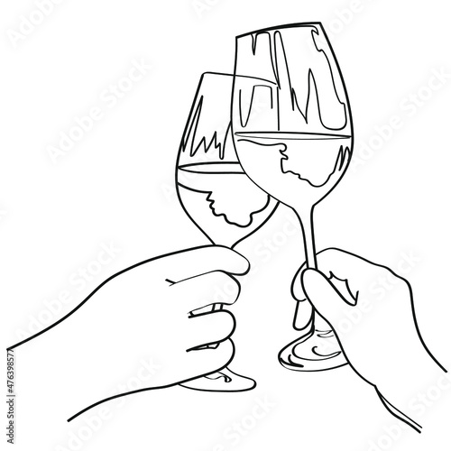 anstoßen mit weingläsern, handgezeichnet in linienart, konturen der hände, die gläser halten, prost, salute, cheers