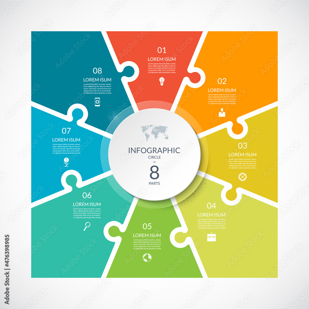Fototapeta premium Infographic square template in puzzle style. Vector cycle diagram with 8 parts, options.