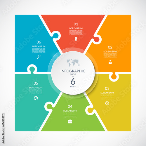 Infographic square template in puzzle style. Vector cycle diagram with 6 parts, options.