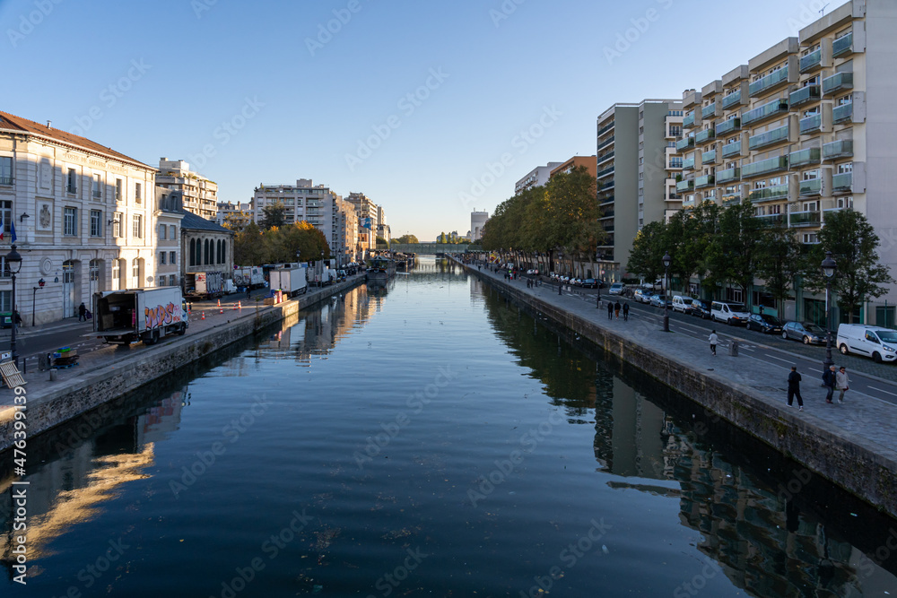 Paris, France - 10 24 2021: View of the Ourcq canal from the lift bridge at sunrise