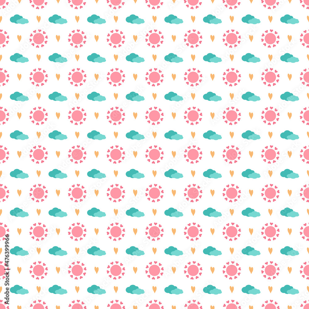 Cute simple seamless pattern with sun, cloud and heart. Children print for textiles, wrapping paper and design. Vector flat illustration