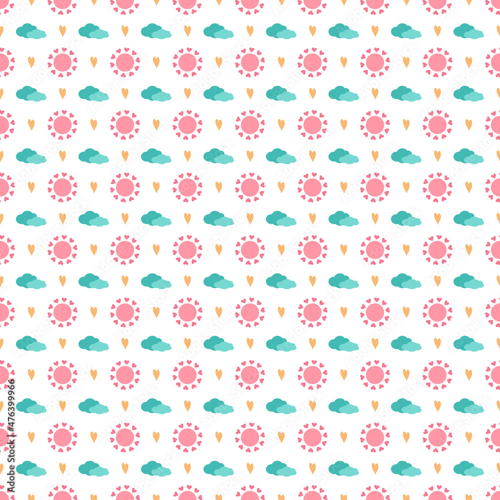 Cute simple seamless pattern with sun, cloud and heart. Children print for textiles, wrapping paper and design. Vector flat illustration Cute simple seamless pattern with sun, cloud and heart. Children print for textiles, wrapping paper and design. Vector flat illustration