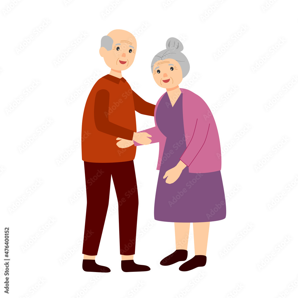 Grandpa and grandma senior couple character in flat design on white background.