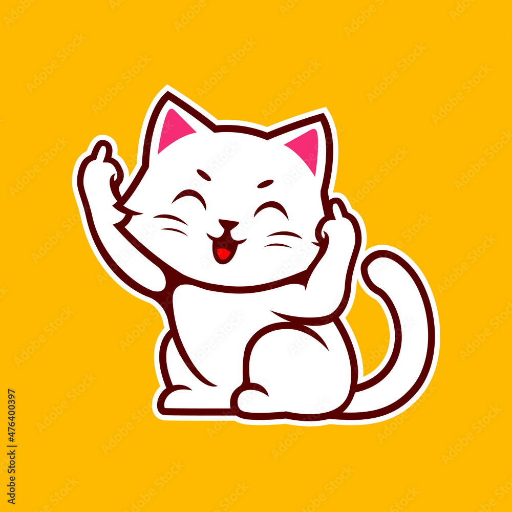 Happy Cute White Kitten Cat Showing Middle Finger Sign Vector Illustration - Vector