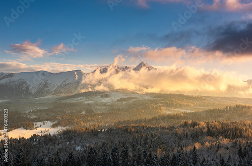 Beautiful Winter Sunset in Snow Covered Tatra Mountains  Poland