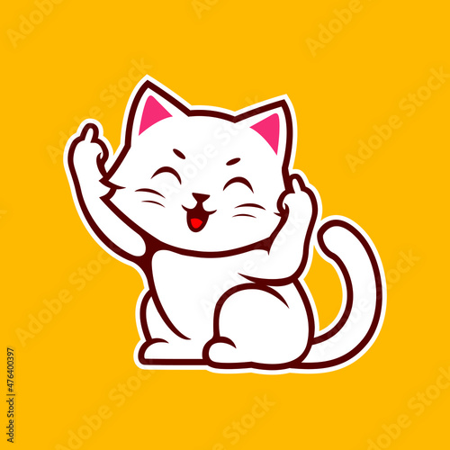 Happy Cute White Kitten Cat Showing Middle Finger Sign Vector Illustration - Vector