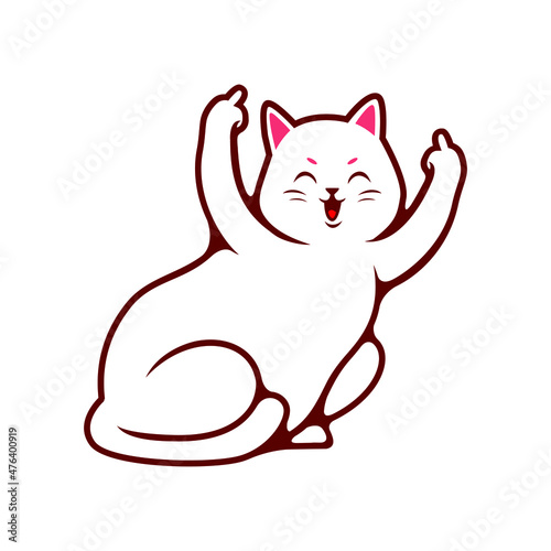 Vector Cartoon Illustration Of White Cute Cat Shows The Middle Finger Sign - Vector