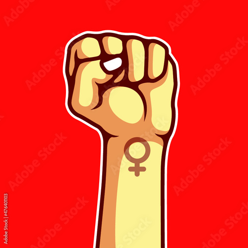 Woman hand with her fist raised up illustration. Girl Power vector. Symbol of feminist movement. Happy Women's Day concept - Vector