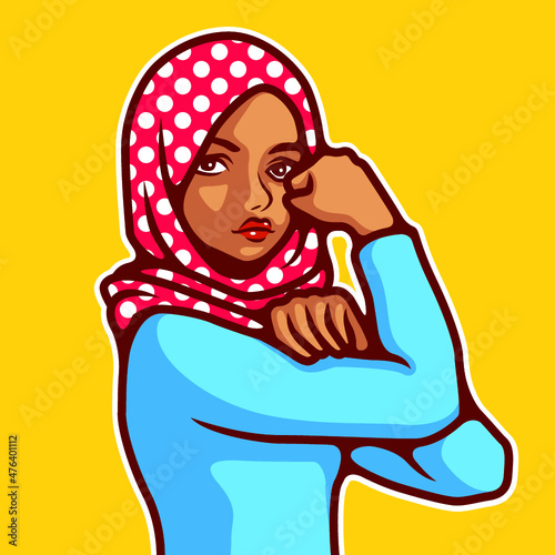 Vector Illustration Woman wearing hijab in classic Rosie the Riveter pose. - Vector photo