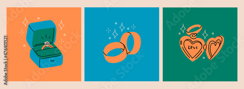 Engagement golden rings, locket. Love, romance, wedding, proposal, marriage concept. Precious jewelry. Set of three Hand drawn modern Vector illustrations. Cartoon style. Logo, icon, print templates