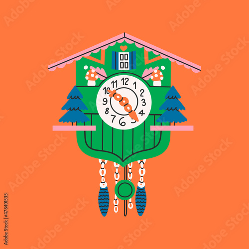 Vintage Cuckoo Clock. Decorative wooden clock. Bright colors. Antique german wall watch. Hand drawn colorful isolated Vector Illustration. Icon, logo, print template. Cartoon style, flat design