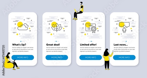 Vector Set of Business icons related to Certificate, Cloudy weather and Organic tested icons. UI phone app screens with people. Consulting business line symbols. Vector