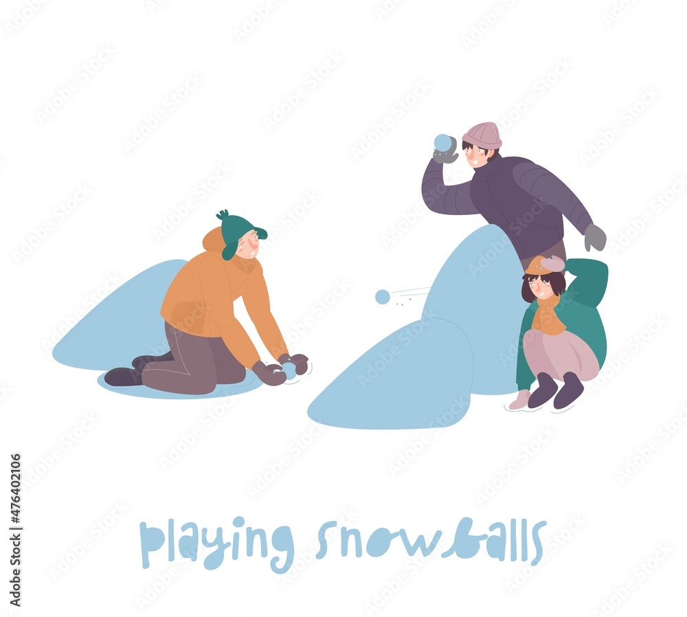 Winter sport and activity. Playing snowballs together. Snowball fight. Winter sport and activity. Playing snowballs together. Snowball fight.