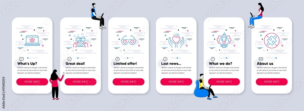 Vector Set of Holidays icons related to Clown, Online shopping and Love glasses icons. UI phone app screens with teamwork. Hold heart, Gift and No puzzle line symbols. Vector