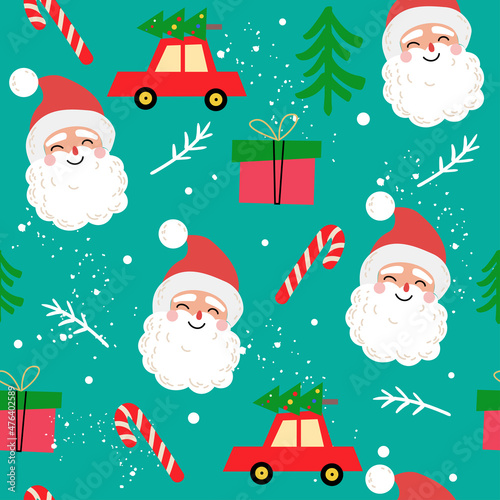 Christmas seamless pattern with santa head, new year gifts in vintage style. Vector illustration