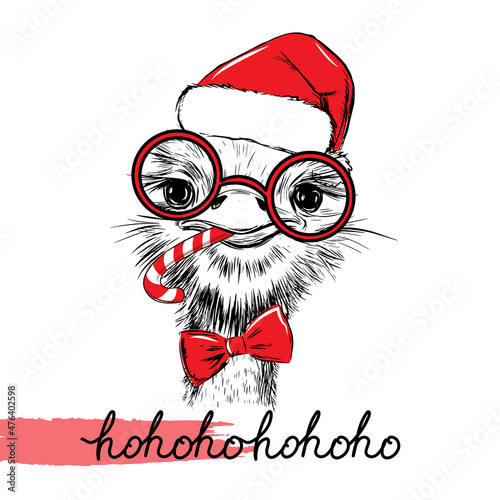 Cute hand drawn sketch illustration christmas ostrich in funny glasses and santa hat. Vector illustration for t-shirts