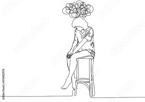 Continuous one line drawing of woman feeling desperate. Concept of support female with psychological problems. Online therapy and counselling for people under stress and depression. Vector illustratio