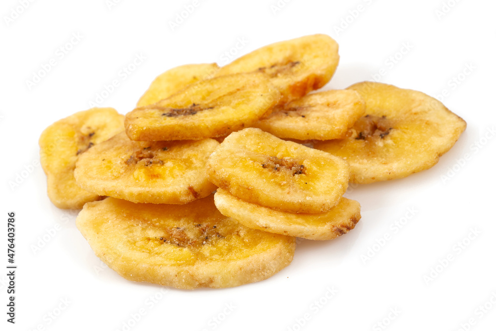 Banana chips isolated on white background. Healthy alternative snack.
