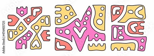 ME Hashtag. Doodle isolate text. Colored curves decorative doodle letters. Hashtag #ME is abbreviation for the US American state Maine for print, booklet, banner, flyer.