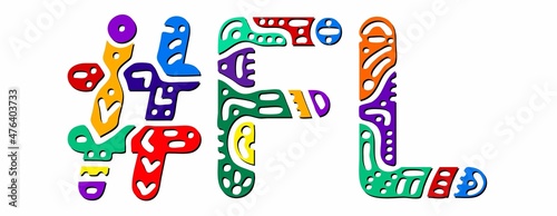 FL Hashtag. Multicolored bright isolate curves doodle letters. Hashtag #FL is abbreviation for the US American state Florida for social network, web resources, mobile apps.