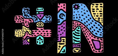 IN Hashtag. Multicolored bright isolate curves doodle letters. Hashtag #IN is abbreviation for the US American state Indiana for social network, web resources, mobile apps.